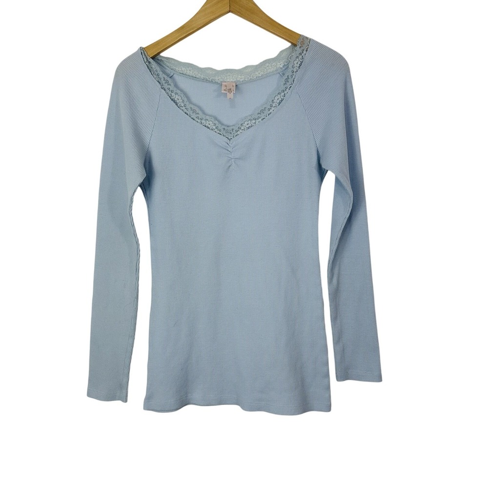 Vintage Y2K Rue 21 Thermal Top Lace Trim Blue Long Sleeve Ribbed Fitted Tee XL